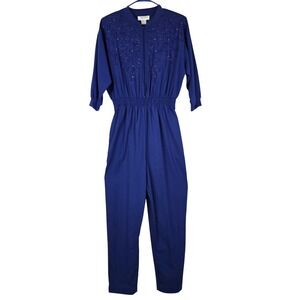 Vintage Adolfo Sport Royal Blue Embellished Zipper Front Pockets Jumpsuit Medium